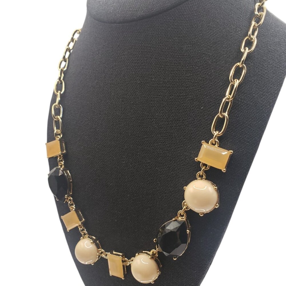 EUC J Crew Gold Tone Faux Pearl Black & Caramel Rhinestone Statement Necklace - Picture 10 of 12